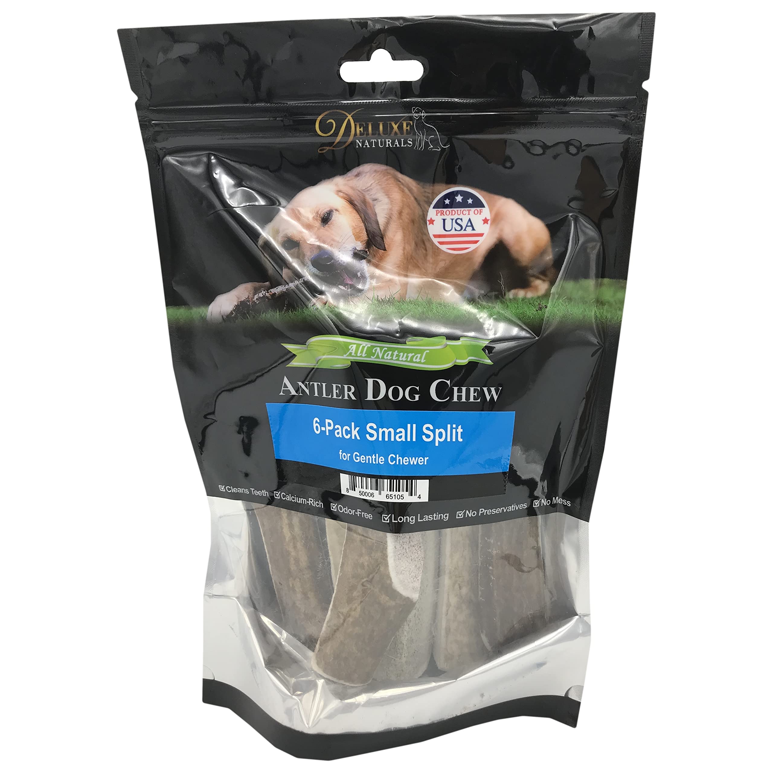 Deluxe Naturals Elk Antler Chews for Dogs | Naturally Shed USA Collected Elk Antlers | All Natural A-Grade Premium Elk Antler Dog Chews | Product of USA, 6-Pack Small Split