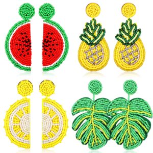 4 Pairs Fruit Beaded Earrings Bohemian Statement Dangle Earrings Watermelon Pineapple Lemon Earrings Set for Women (Summer Style)