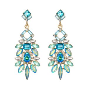 BriLove Art Deco Rhinestone Marquise Emerald Cut Rectangle Geometric Statement Earrings for Women Iridescent Blue Gold-tone