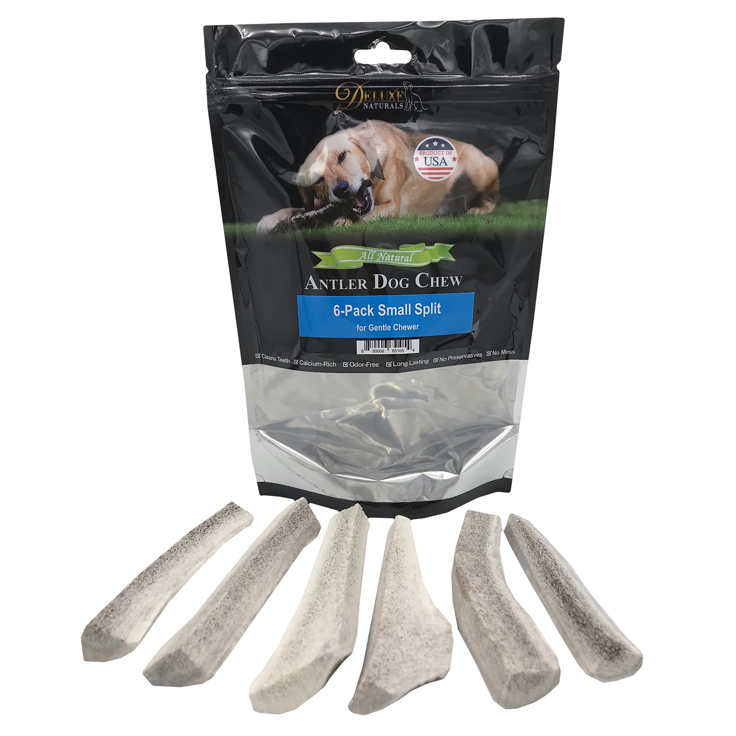 Deluxe Naturals Elk Antler Chews for Dogs | Naturally Shed USA Collected Elk Antlers | All Natural A-Grade Premium Elk Antler Dog Chews | Product of USA, 6-Pack Small Split