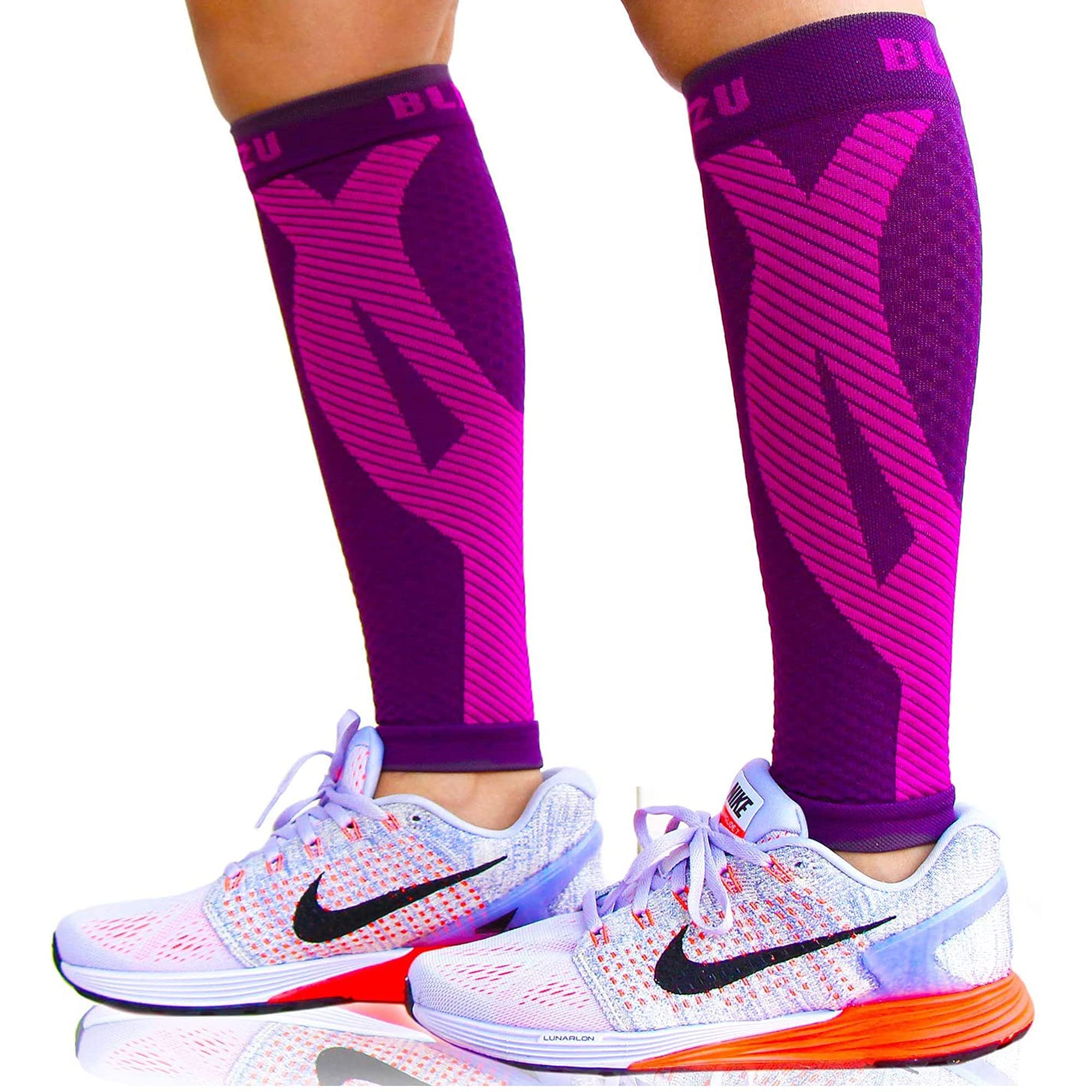 BLITZU 3 Pairs Calf Compression Sleeves for Women and Men Size S-M, One White, One Pink, One Purple