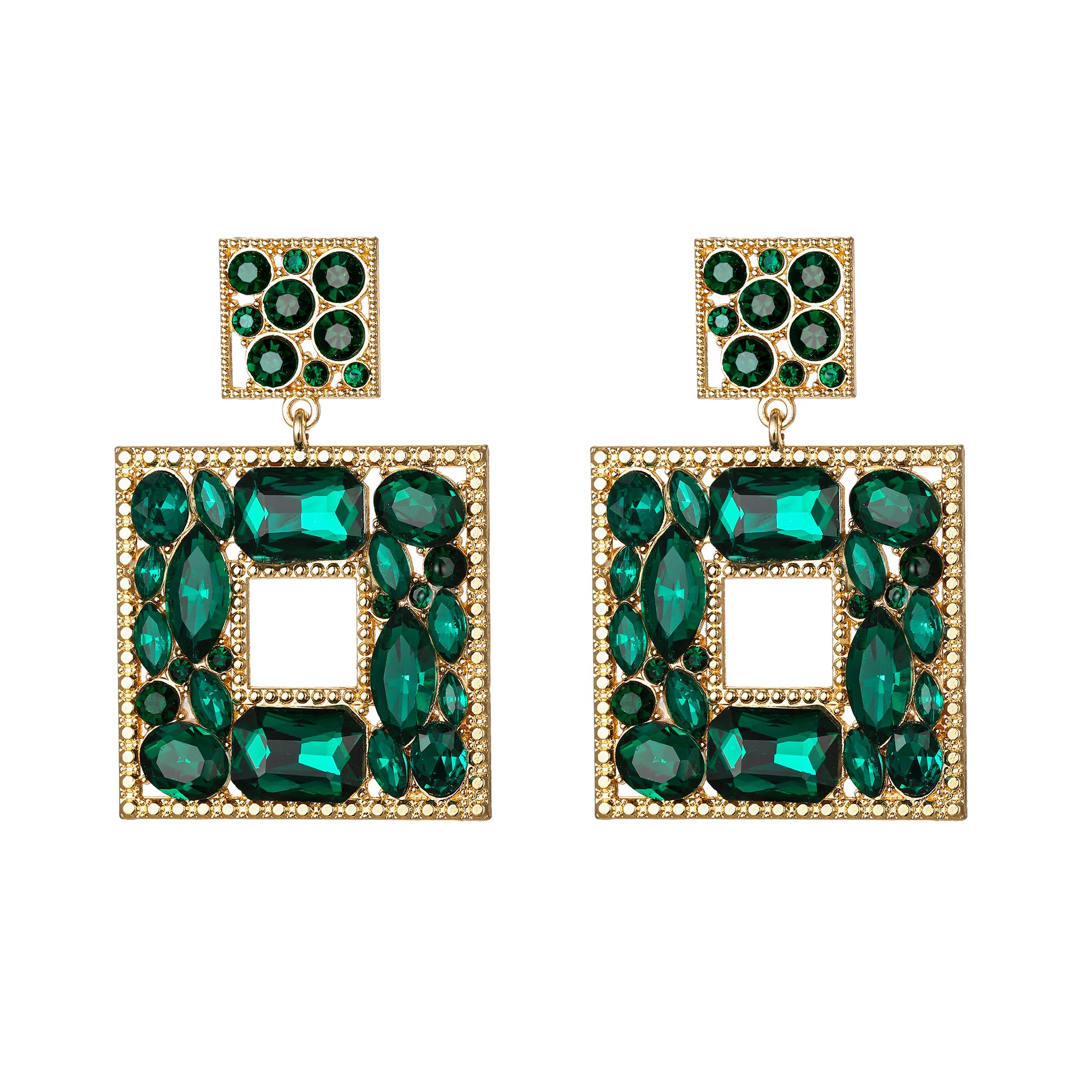 BriLove St Patricks Day Earrings Art Deco Sparkly Rhinestone Geometric Emerald Cut Statement Dangle Earrings for Women Green Gold-Tone