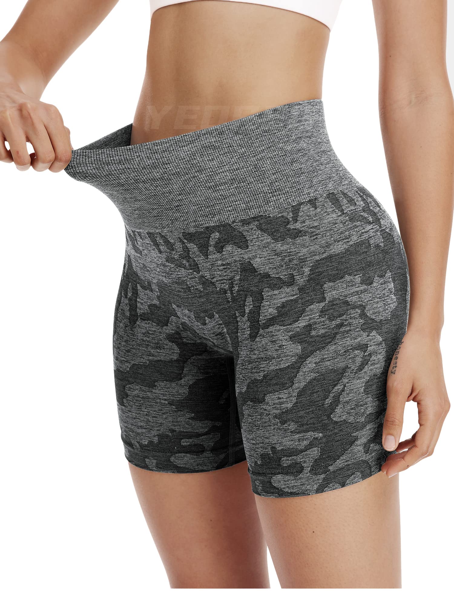 YEOREO Women Seamless Camo Shorts High Waisted Gym Yoga Workout Black L