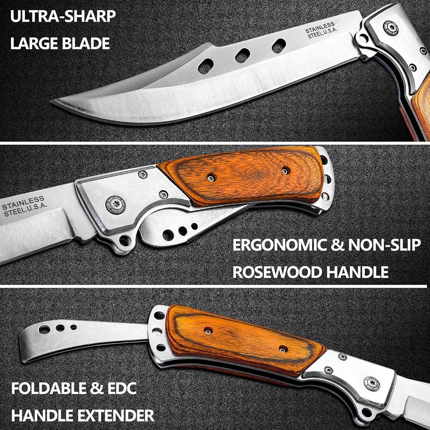 MADSABRE 12.7" Large Folding Knife Tactical Knives with Rosewood Handle and Sheath - 7.2" Long Blade Big Pocket Knife for Men for EDC Survival Hunting Camping Hiking Tools