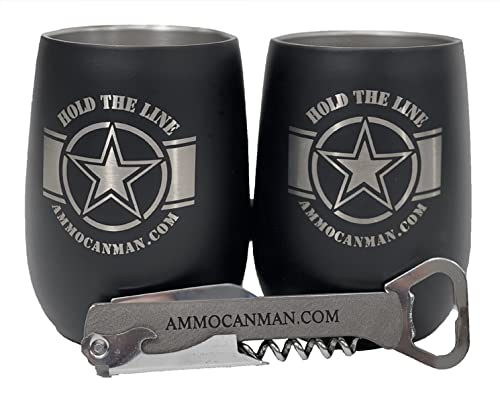 (1) 30 Cal Grade 1 Military Ammo Can (Used) - (2) Laser Engraved, “Hold The Line” Insulated Wine Tumblers - (1) Laser Engraved, Corkscrew/Multi-Tool