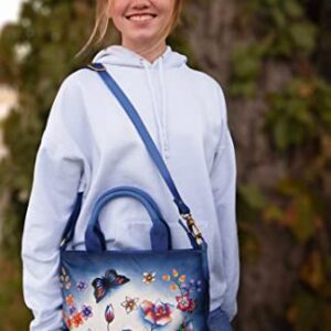 Evi's Bags Women's Hand Painted Floral Leather Shoulder Bag Unique, Large, Handmade Handbag - Satchel - Purse - Tote (Blue)