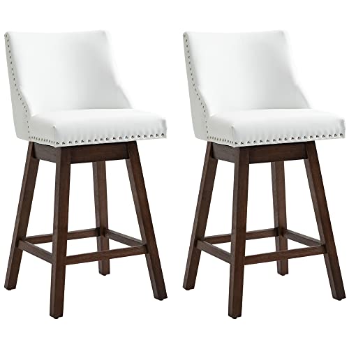 HOMCOM 28" Swivel Bar Height Bar Stools Set of 2, Armless PU Leather Upholstered Barstools Chairs with Nailhead Trim and Wood Legs, White