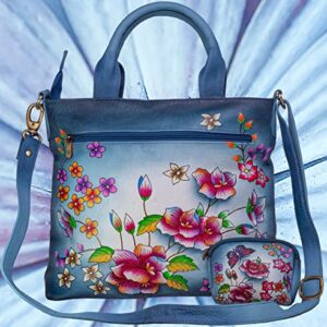 Evi's Bags Women's Hand Painted Floral Leather Shoulder Bag Unique, Large, Handmade Handbag - Satchel - Purse - Tote (Blue)