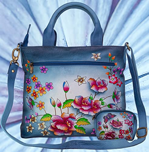 Evi's Bags Women's Hand Painted Floral Leather Shoulder Bag Unique, Large, Handmade Handbag - Satchel - Purse - Tote (Blue)