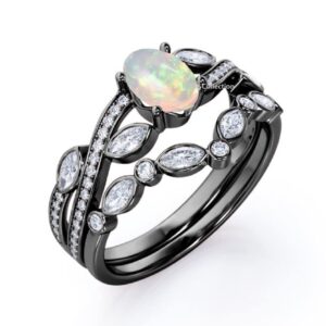 Rosie Collection Oval Shaped Created Opal & CZ 14K Black Gold Over 925 Sterlnig Silver V Shaped Chevron Wedding Bridal Ring Set 5.5