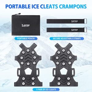 Sfee Crampons for Winter Boots, Upgraded Ice Cleats Stainless Steel Women Men Anti Slip Ice Traction Cleats Grips with Straps, Perfect for Hiking, Walking, Climbing, Ice Fishing(M)