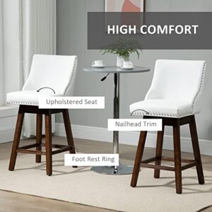 HOMCOM 28" Swivel Bar Height Bar Stools Set of 2, Armless PU Leather Upholstered Barstools Chairs with Nailhead Trim and Wood Legs, White