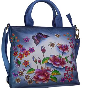 Evi's Bags Women's Hand Painted Floral Leather Shoulder Bag Unique, Large, Handmade Handbag - Satchel - Purse - Tote (Blue)