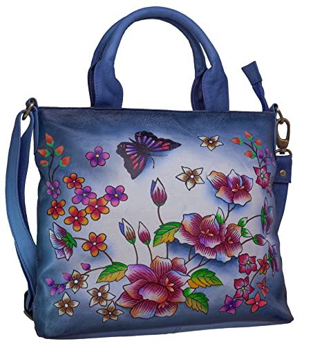 Evi's Bags Women's Hand Painted Floral Leather Shoulder Bag Unique, Large, Handmade Handbag - Satchel - Purse - Tote (Blue)