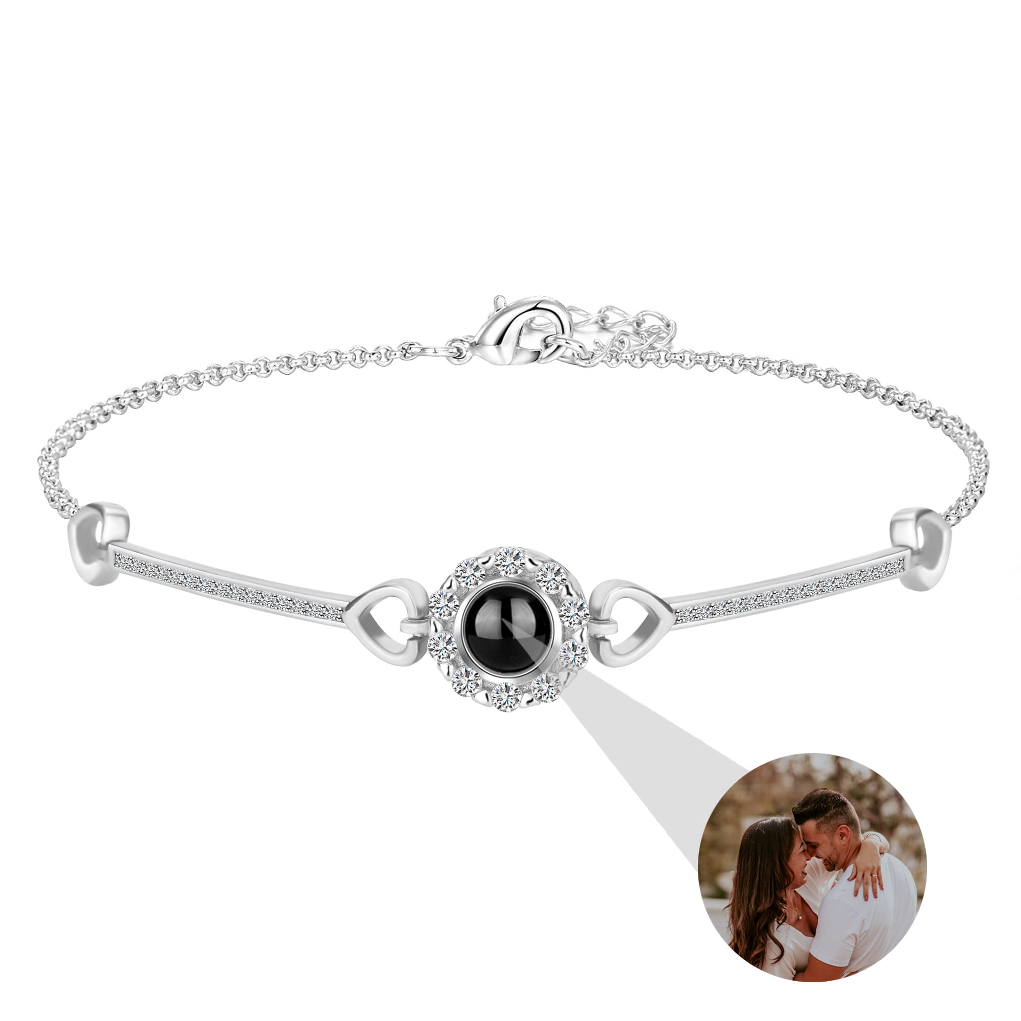 Portonss Personalized Photo Projection Bracelet Custom Round Charm Bracelets with Picture Inside I Love