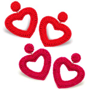 YAHPERN 2 Pairs Beaded Heart Earrings Valentine’s Day Earring for Women Handmade Love Heart Drop Dangle Earrings Birthday Party Valentine’s Day Gifts (Style A)