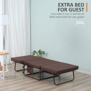 HOMCOM Rollaway Bed, Folding Bed with 3.25" Mattress, Portable Foldable Guest Bed with Adjustable Backrest, Steel Frame and Wheels, Brown