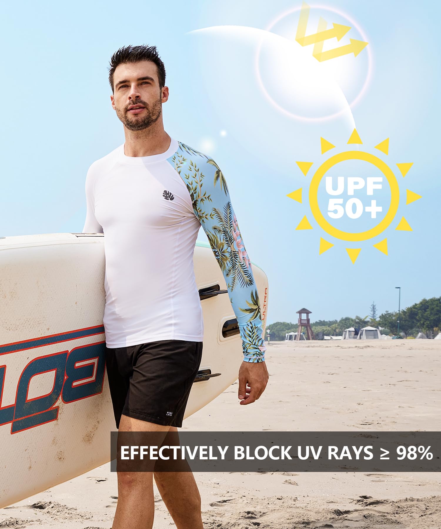 HUGE SPORTS Men's Rash Guard Long Sleeves UPF 50+ UV Sun Protection Quick Drying Splice Compression Swim Shirts