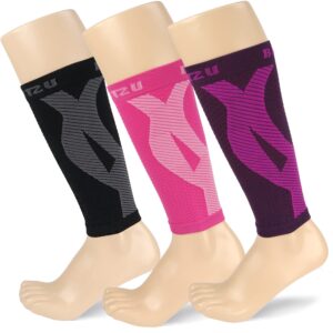 blitzu 3 pairs calf compression sleeves for women and men size l-xl, one black, one pink, one purple calf sleeve, leg compression sleeve for calf pain and shin splints. footless compression socks.