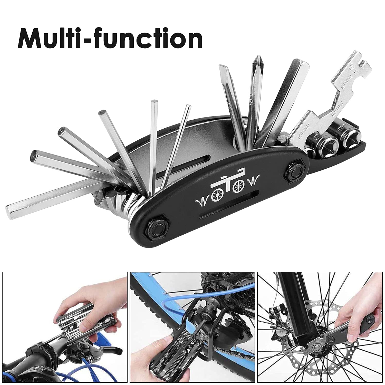 WOTOW Bike Tire Repair Tool Kit, Waterproof Frame Storage Bag & Mini Bike Pump & 16 in 1 Multitool & Bicycle Tyre Lever Patch Portable Repair Tool Accessories Set for Road Mountain BMX Cycling(16)