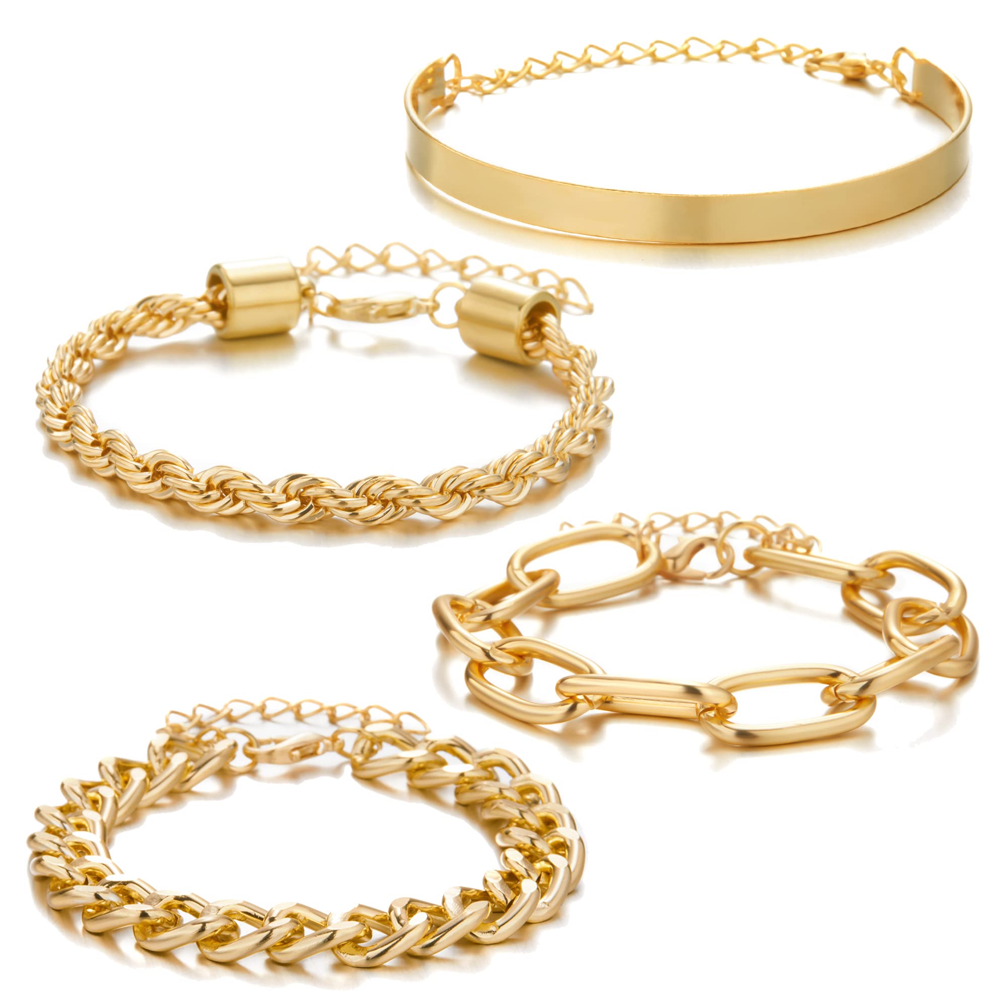 RINHOO Layered Bracelets 18k Gold Plated Bracelets For Women 4PCS Simple Multiple Chain Bracelets Set Dainty Assorted Link Bangle Bracelets Adjustable Punk Jewelry (4Pcs Gold Bracelet)