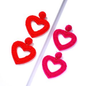 YAHPERN 2 Pairs Beaded Heart Earrings Valentine’s Day Earring for Women Handmade Love Heart Drop Dangle Earrings Birthday Party Valentine’s Day Gifts (Style A)