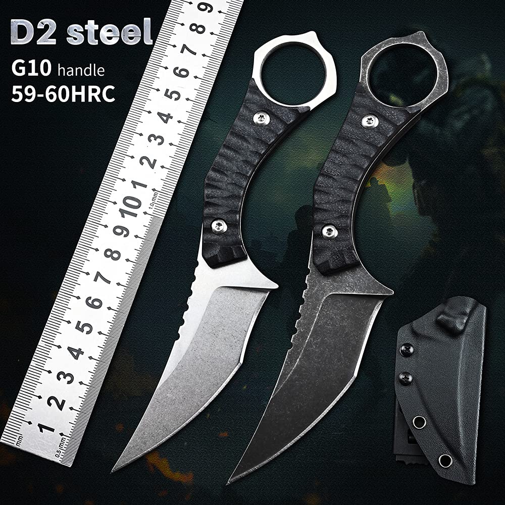 Gtkii Gtk152 Fixed Blade Knife, D2 Steel Blade G10 Handle EDC Tool Knives with Kydex Sheath, Cool Strong Sharp Fixed Knife for Outdoor Camping Hunting(Black)