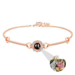 portonss personalized photo projection custom round charm bracelets with picture inside i love you bracelet 100 languages 925 sterling silver diamond memorial jewelry gift for women, rose gold