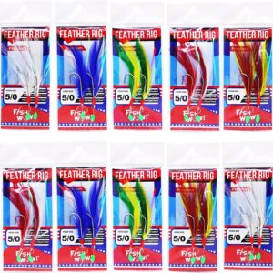 10pks Colors Fish WOW!® Fishing Feather Rig Rockfish Rigged Rock cod Lures Jigging Rig with 5/0 Two High-Carbon Steel Hooks