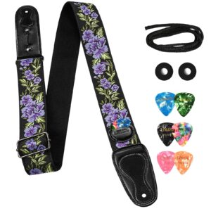 LEKATO Flower Bass Strap, Flower Guitar Strap for Bass, Electric & Acoustic Guitar 2" Wide Guitar Straps with Leather Ends Artistic Woven Guitar Straps with Pick Holder 2 Safty Strap Locks & 6 Picks