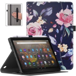 vori case for all-new amazon fire hd 10 tablet (11th generation 2021 release) and fire hd 10 plus, folding stand tpu cover with auto wake/sleep & hand strap for fire 10.1 inch 2021, flower rose