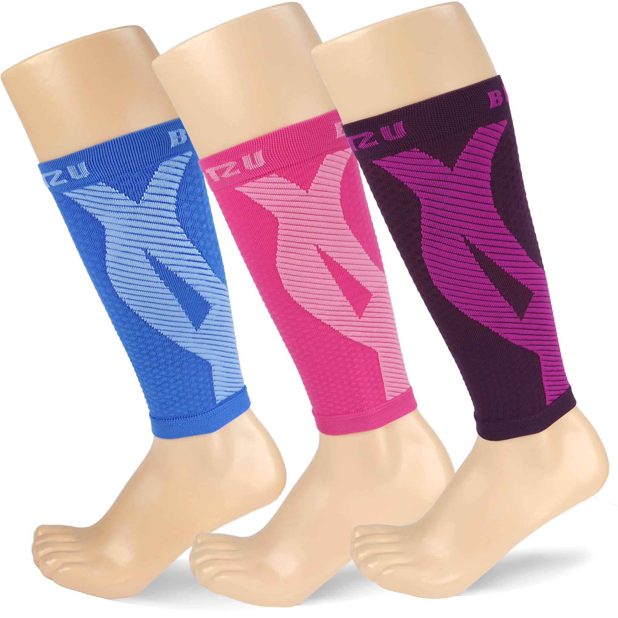 BLITZU 3 Pairs Calf Compression Sleeves for Women and Men Size S-M, One Blue, One Pink, One Purple Calf Sleeve, Leg Compression Sleeve for Calf Pain and Shin Splints. Footless Compression Socks.