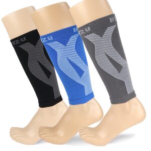 BLITZU 3 Pairs Calf Compression Sleeves for Women and Men Size L-XL, One Grey, One Black, One Blue Calf Sleeve, Leg Compression Sleeve for Calf Pain and Shin Splints. Footless Compression Socks.