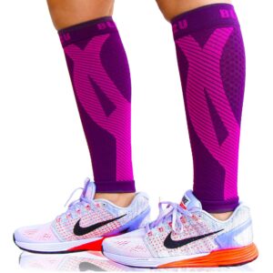 BLITZU 3 Pairs Calf Compression Sleeves for Women and Men Size S-M, One Blue, One Pink, One Purple Calf Sleeve, Leg Compression Sleeve for Calf Pain and Shin Splints. Footless Compression Socks.