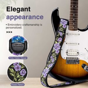 LEKATO Flower Bass Strap, Flower Guitar Strap for Bass, Electric & Acoustic Guitar 2" Wide Guitar Straps with Leather Ends Artistic Woven Guitar Straps with Pick Holder 2 Safty Strap Locks & 6 Picks