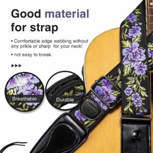 LEKATO Flower Bass Strap, Flower Guitar Strap for Bass, Electric & Acoustic Guitar 2" Wide Guitar Straps with Leather Ends Artistic Woven Guitar Straps with Pick Holder 2 Safty Strap Locks & 6 Picks