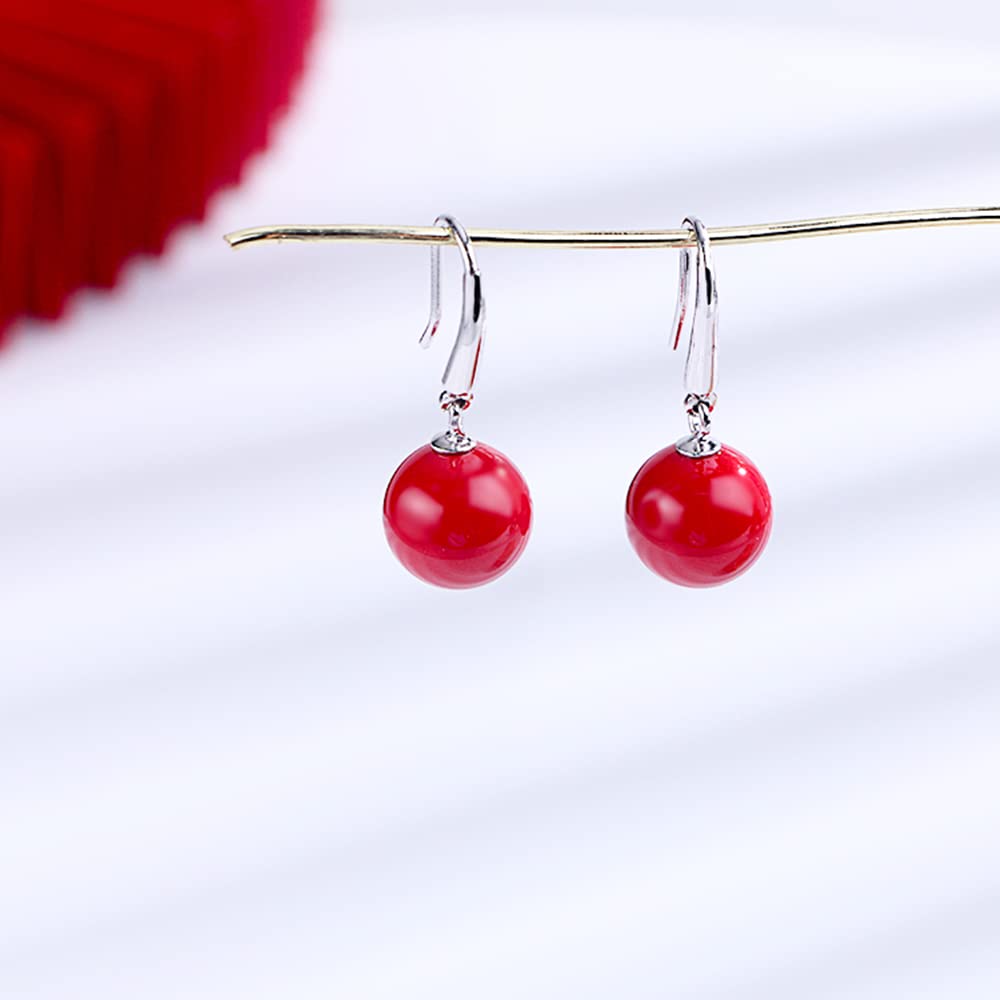 925 Sterling Silver Red Pearl Earrings for Women Dangle Drop Earrings for teen girls 10mm Pearl Festival Gifts for Mother Wife Daughter