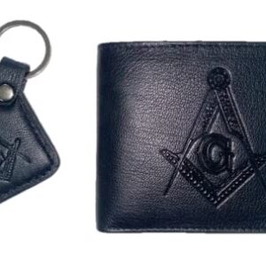 Mens RFID Blocking Bifold Wallet with Matching Key Chain- Gift Set Masonic (Black)