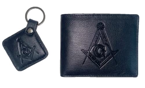 Mens RFID Blocking Bifold Wallet with Matching Key Chain- Gift Set Masonic (Black)