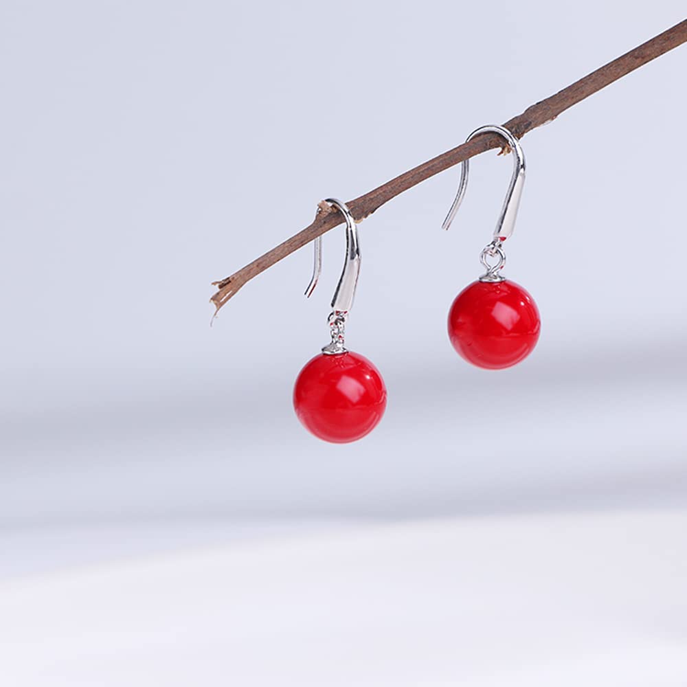 925 Sterling Silver Red Pearl Earrings for Women Dangle Drop Earrings for teen girls 10mm Pearl Festival Gifts for Mother Wife Daughter