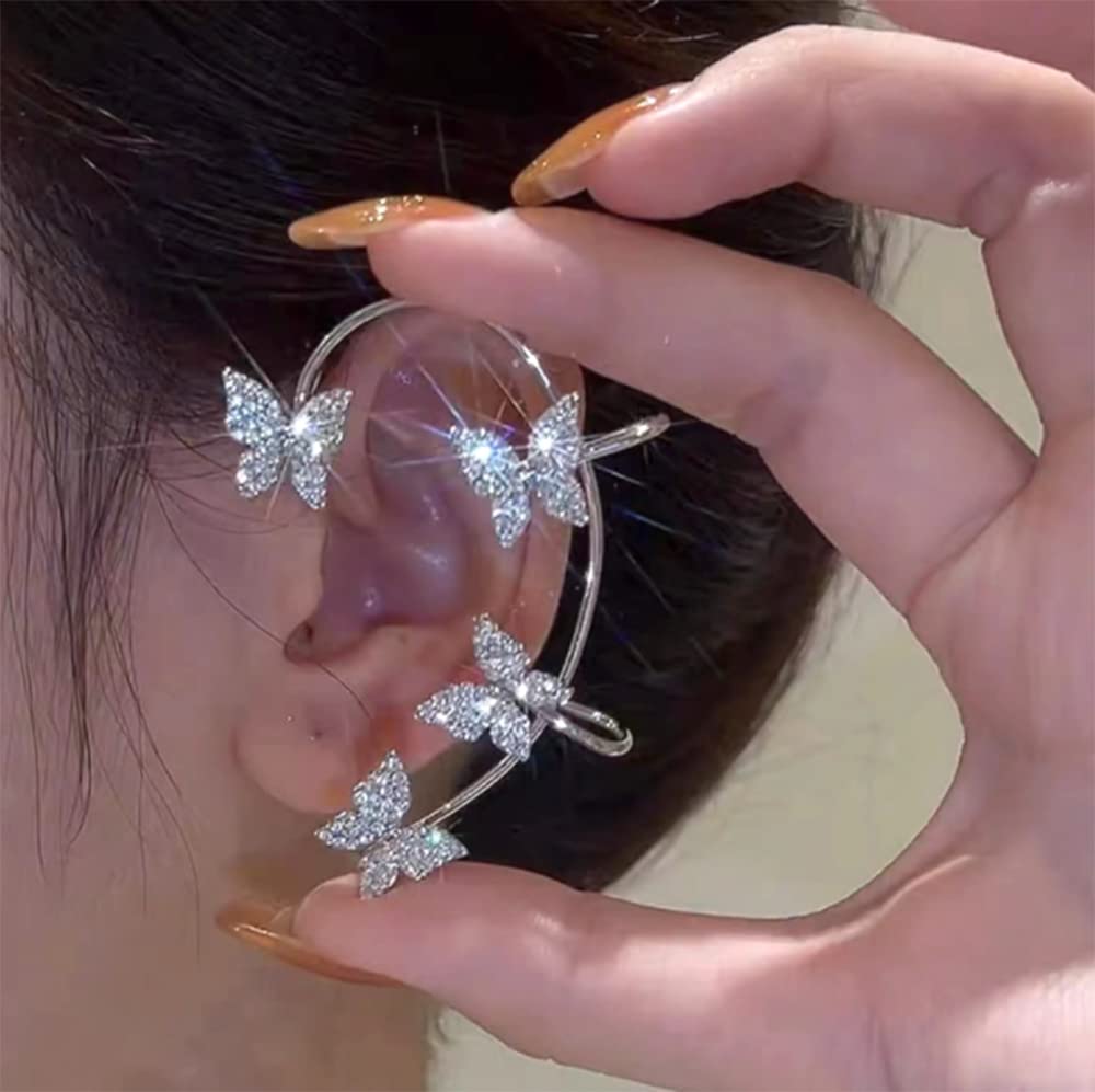 2Pcs Zircon Butterfly Ear Cuff Earrings for Women No Piercing Butterfly Ear Clip Wrap Around Fake Earrings Ear Wrap Crawler Rhinestone Wrap Earrings (silver)