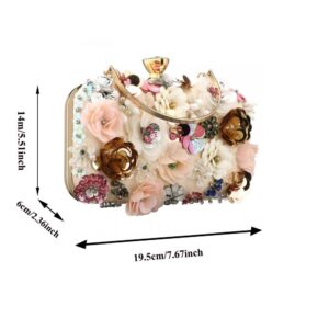 Sequins Floral Handbag Rose Nude Clutch Purses and Handbags for Women Wedding Prom Banquet Party 3D Sequins Evening Handbag (White-1)