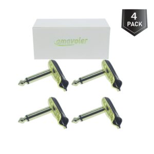 amavoler 4-Pack 1/4" Right Angle Plugs TS Mono Heavy Duty Flat Low Profile Pancake Style for Guitar, Instrument, Speaker/Microphone/Patch Cables - 6.35mm Male 1/4 Inch Phone Plug (Gold)