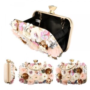 Sequins Floral Handbag Rose Nude Clutch Purses and Handbags for Women Wedding Prom Banquet Party 3D Sequins Evening Handbag (White-1)