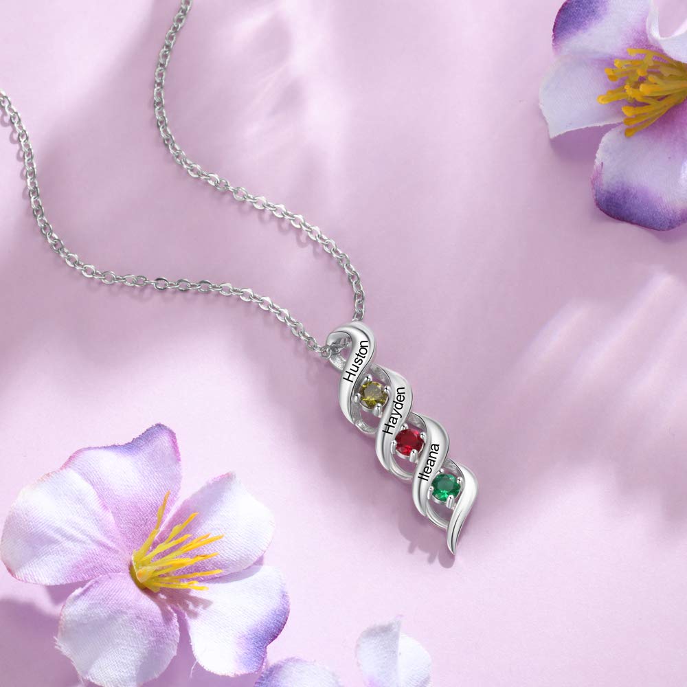 LoraPetid Personalized 2-7 Names Birthstone Necklace Custom Mother Daughter Necklace with Engraved Names Pendent Necklace Gifts for Mom Women (3 name)