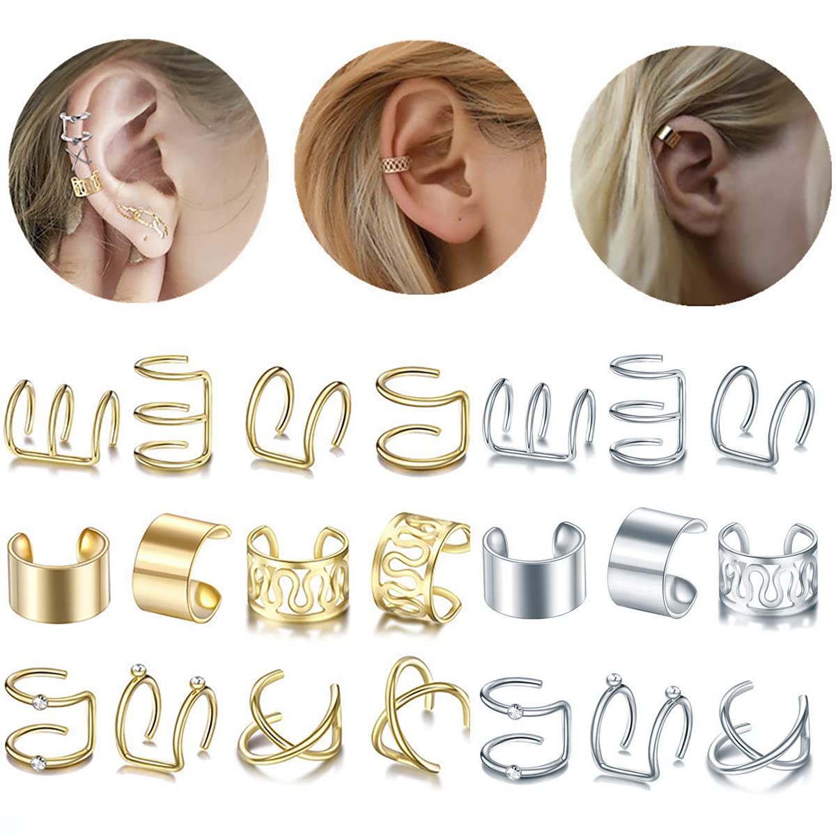 Cz Cuff Earrings Non-Piercing for Women Various Styles,12 Pairs Ear Clip 6 Styles Cartilage Clip On Earrings Set Fake Cartilage Earring Helix Jewelry (2 piece suit)