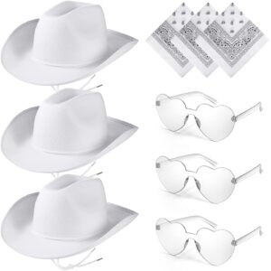 Geyoga 9 Pcs Cowboy Hat with Paisley Print Bandanas Unisex Heart Shape Sunglasses for Cowboy Party Costume(White)