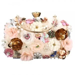 Sequins Floral Handbag Rose Nude Clutch Purses and Handbags for Women Wedding Prom Banquet Party 3D Sequins Evening Handbag (White-1)