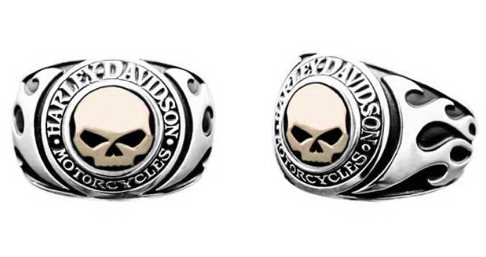 Harley-Davidson Men's Ring, Flames Willie G Skull 14kt Gold Inlay HMR0019 (12)