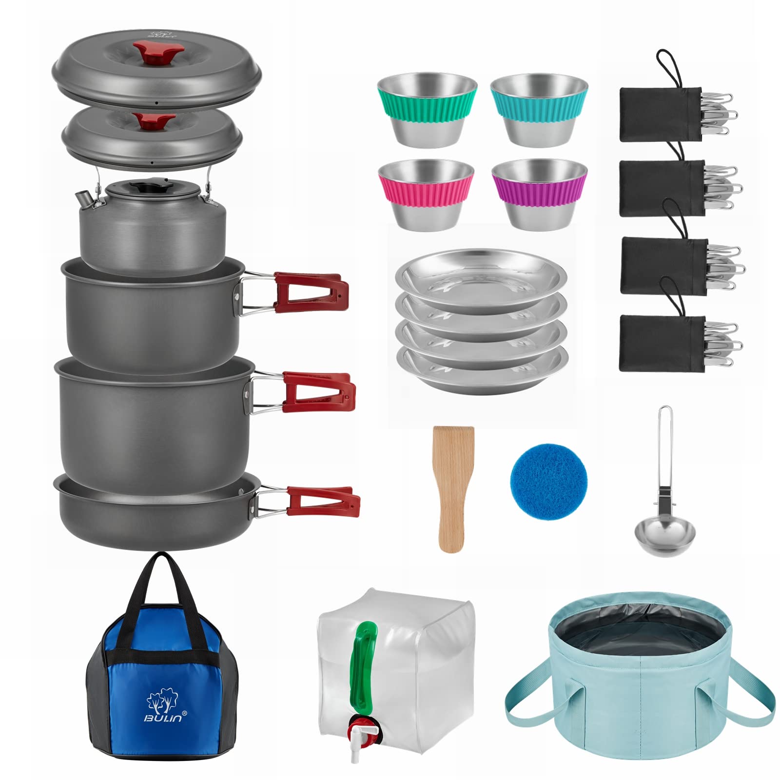 Bulin 37PCS Camping Cookware Mess Kit Lightweight Backpacking Cooking Set Outdoor Cook Gear for Family Hiking, Picnic(Kettle, Pot, Frying Pan, Cups, Plates, Forks Knives Spoons, Carabiner)